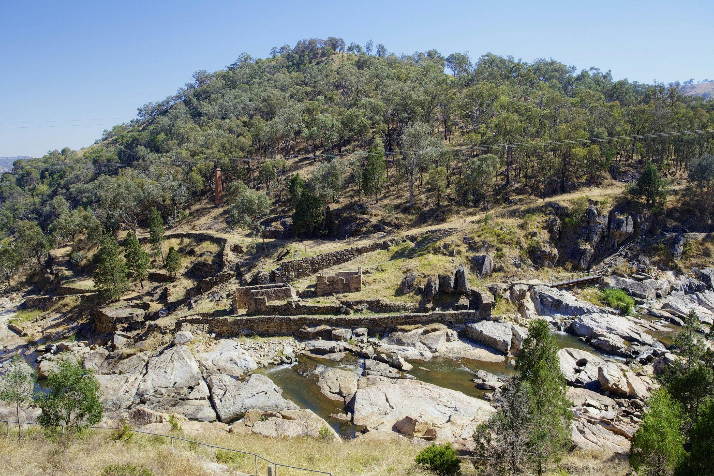 Adelong Falls Gold Mill Ruins from the viewing platform. Around 20km from Tumut in the Snowy Valleys