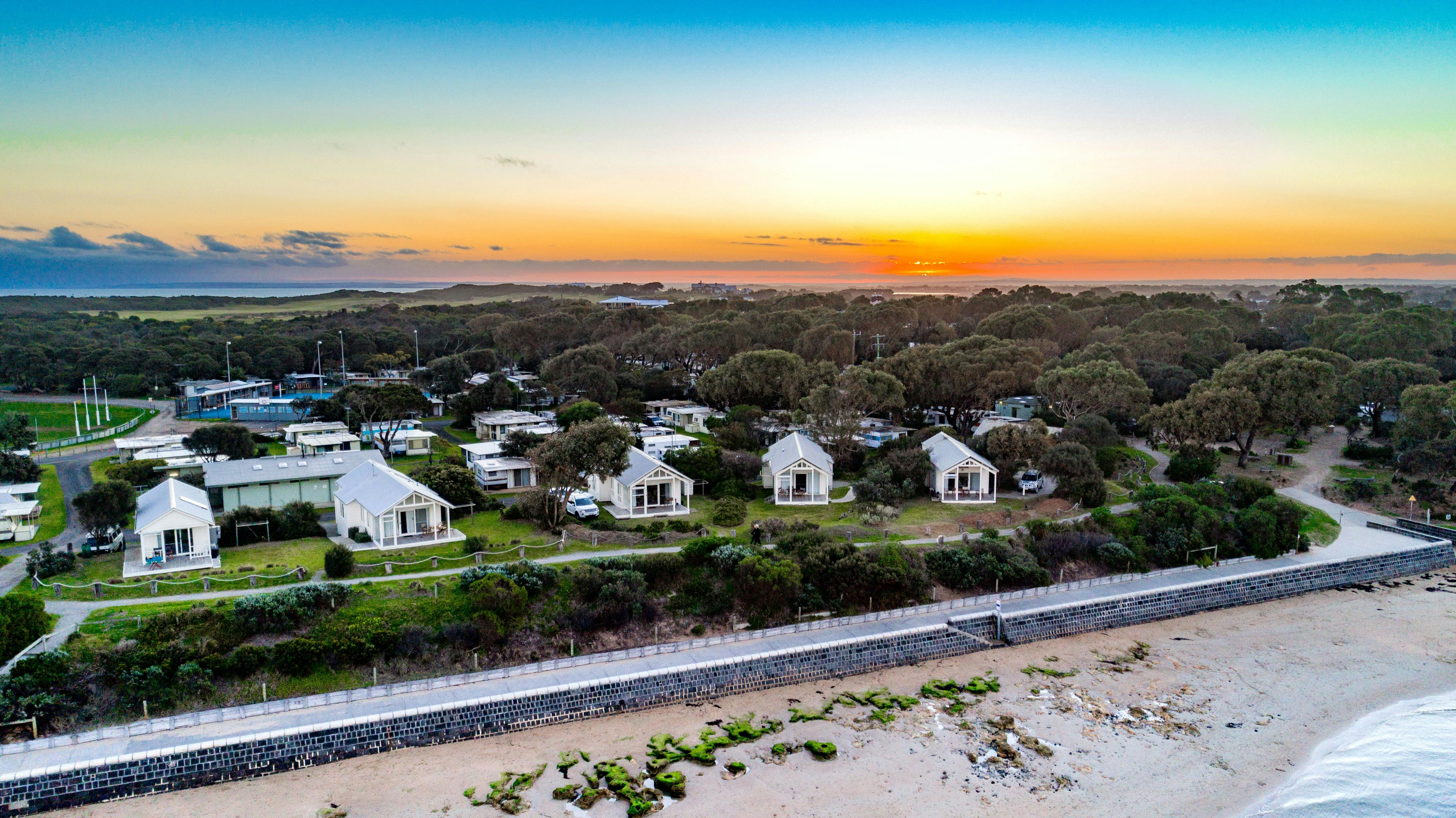 Drone view of The Boathouses and Beachhouses prime waterfront location