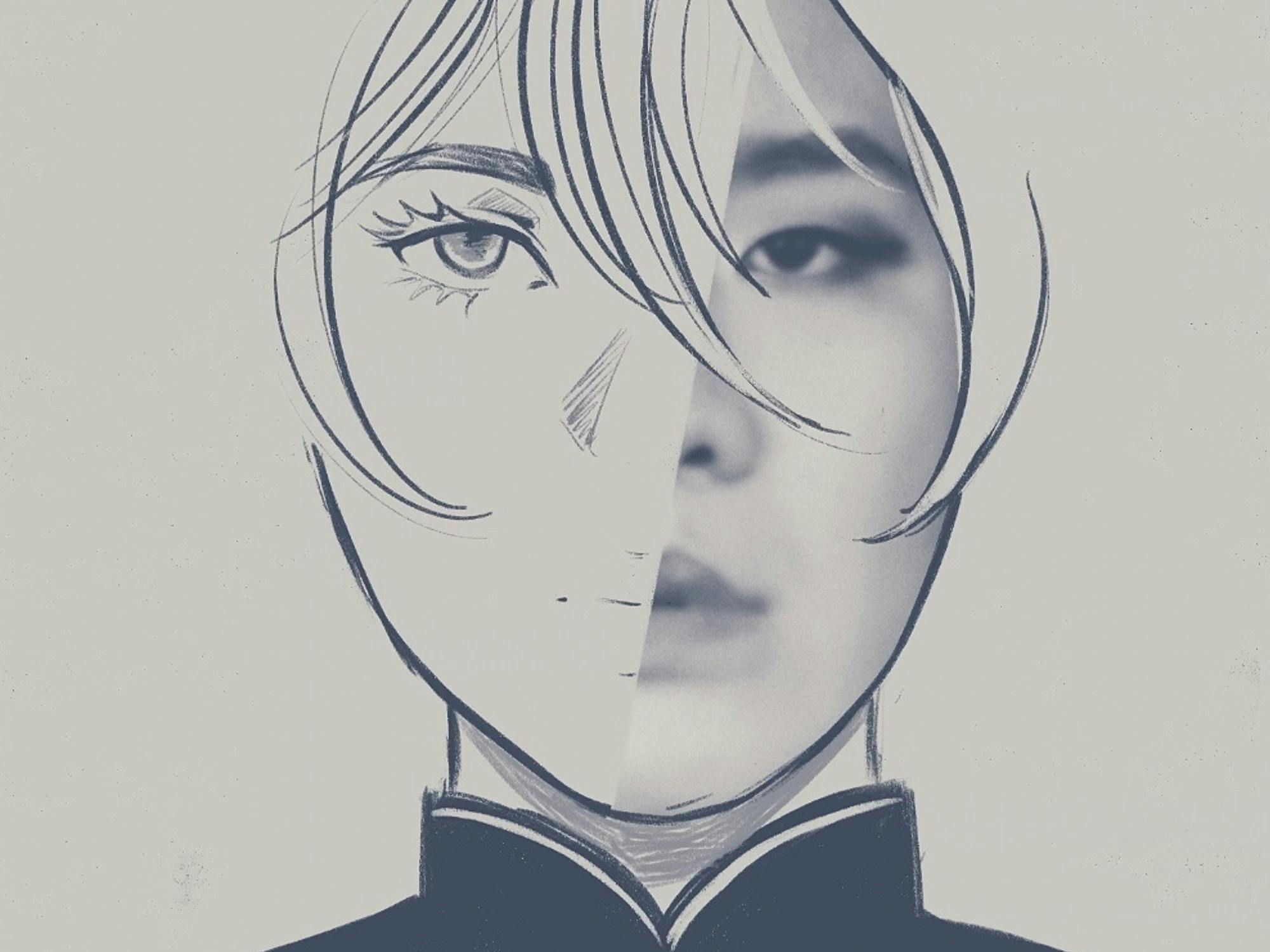 An image of a face, split in half, with one side an illustrated, and the other side a photograph.