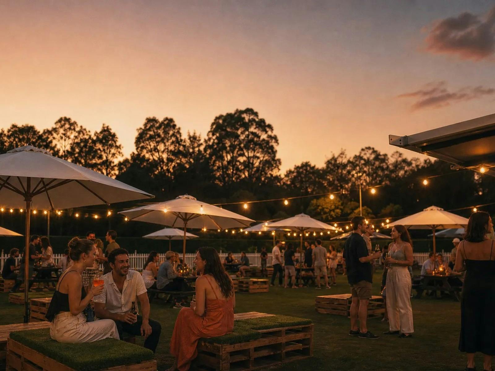 Guests mingling with drinks in a festoon-lit outdoor garden at sunset at a Date My Mate night