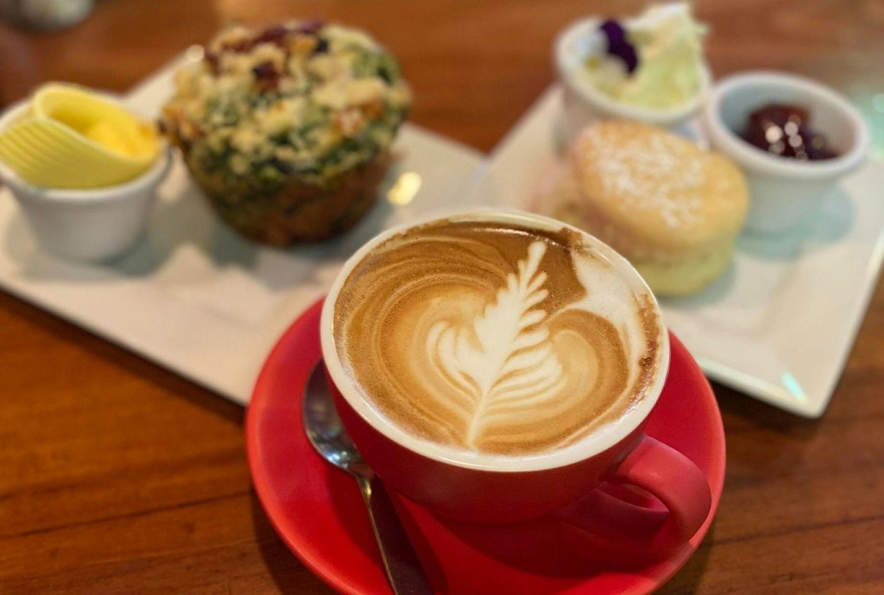 Savoury Muffin or Devonshire Tea with freshly made scone, jam and cream served with tea or coffee