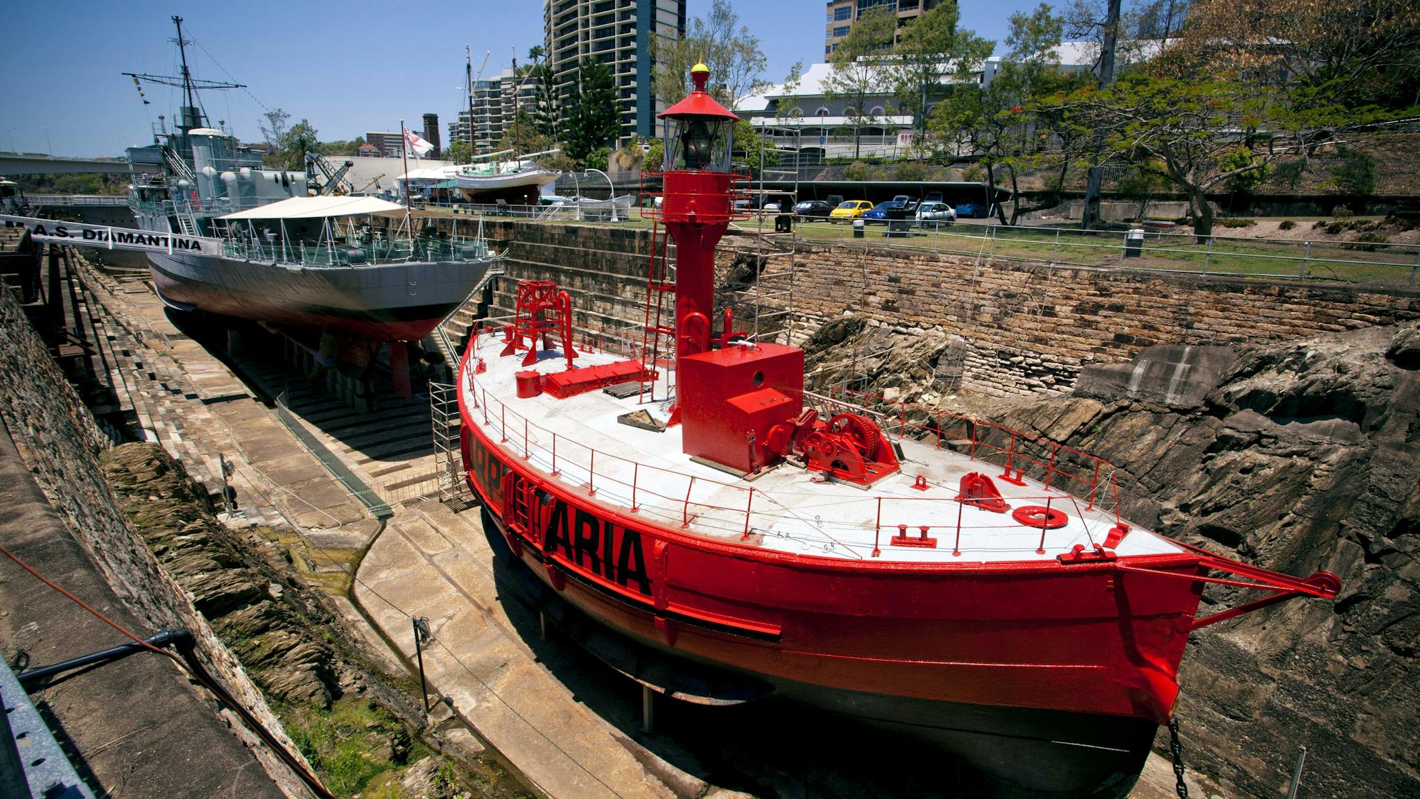 Lightship and warship Diamantina in the South Brisbane Dry Dock