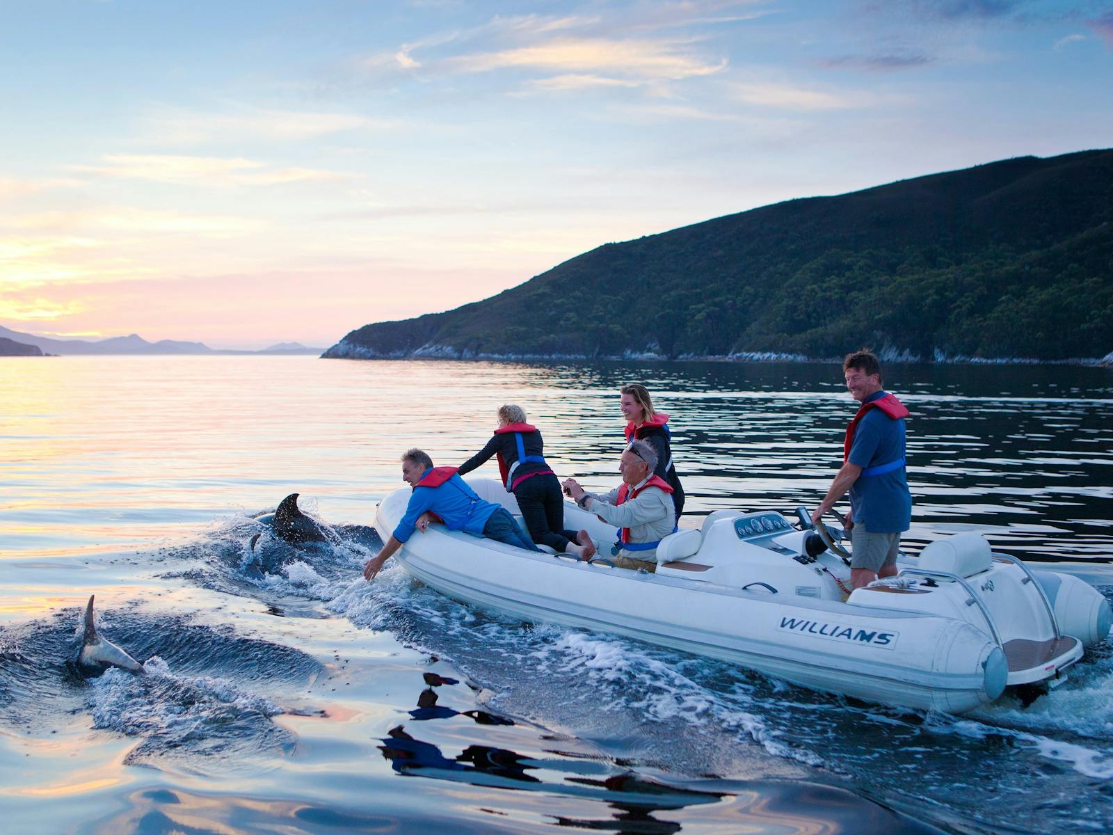5 people in a small tender boat surrounded by dolphins at sunset