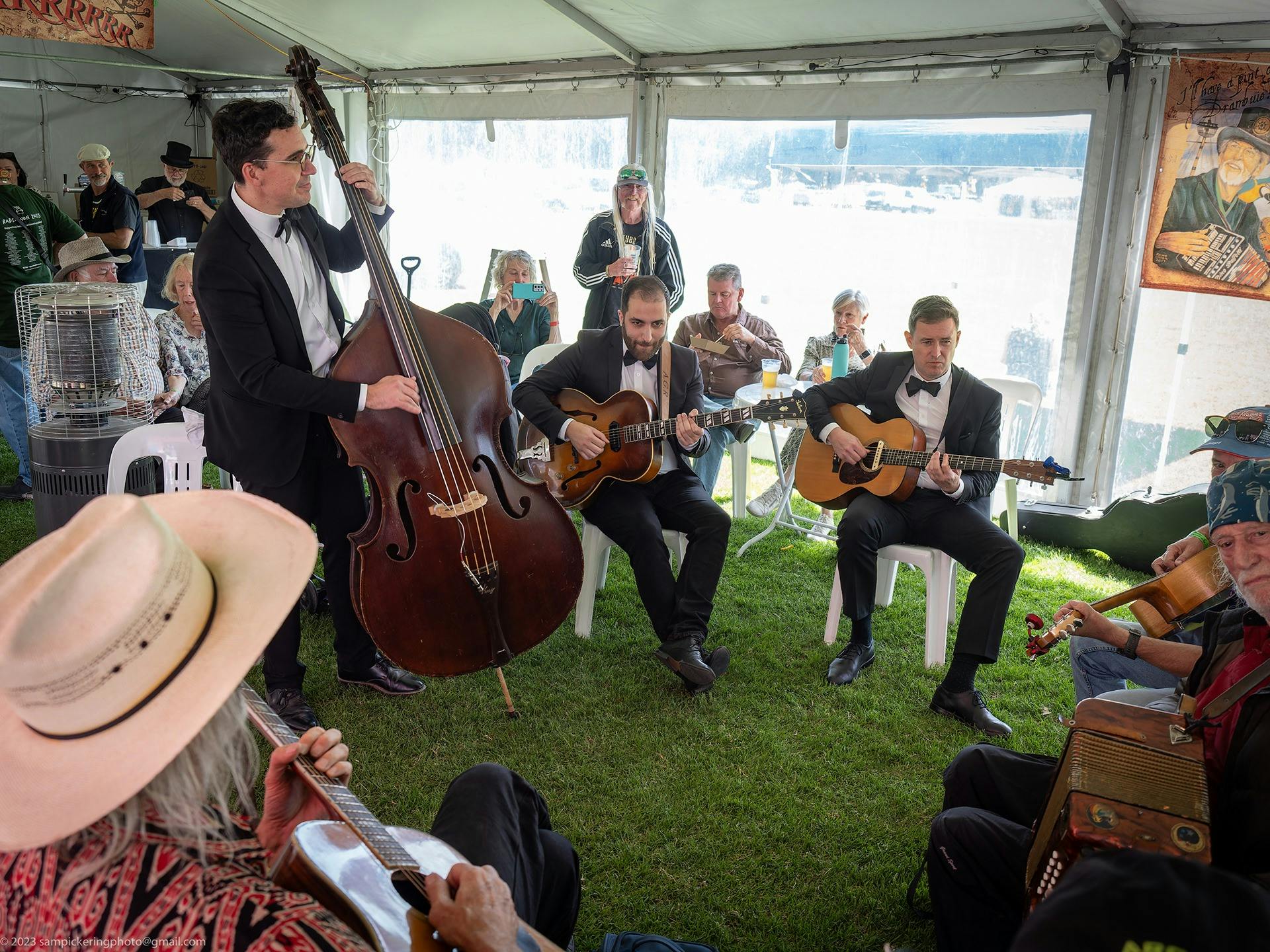A led jam session in a festival tent