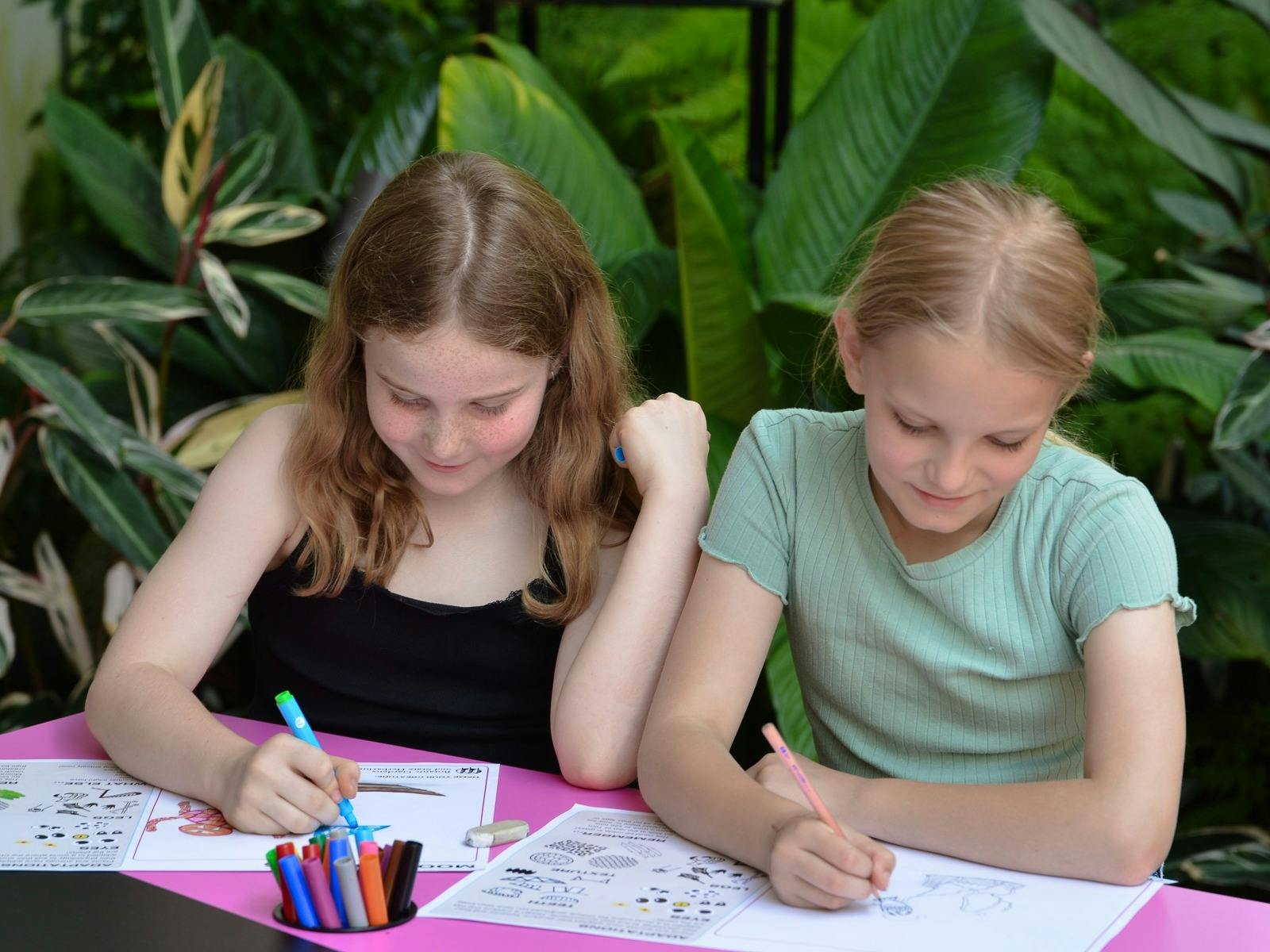 Two school aged children colouring in