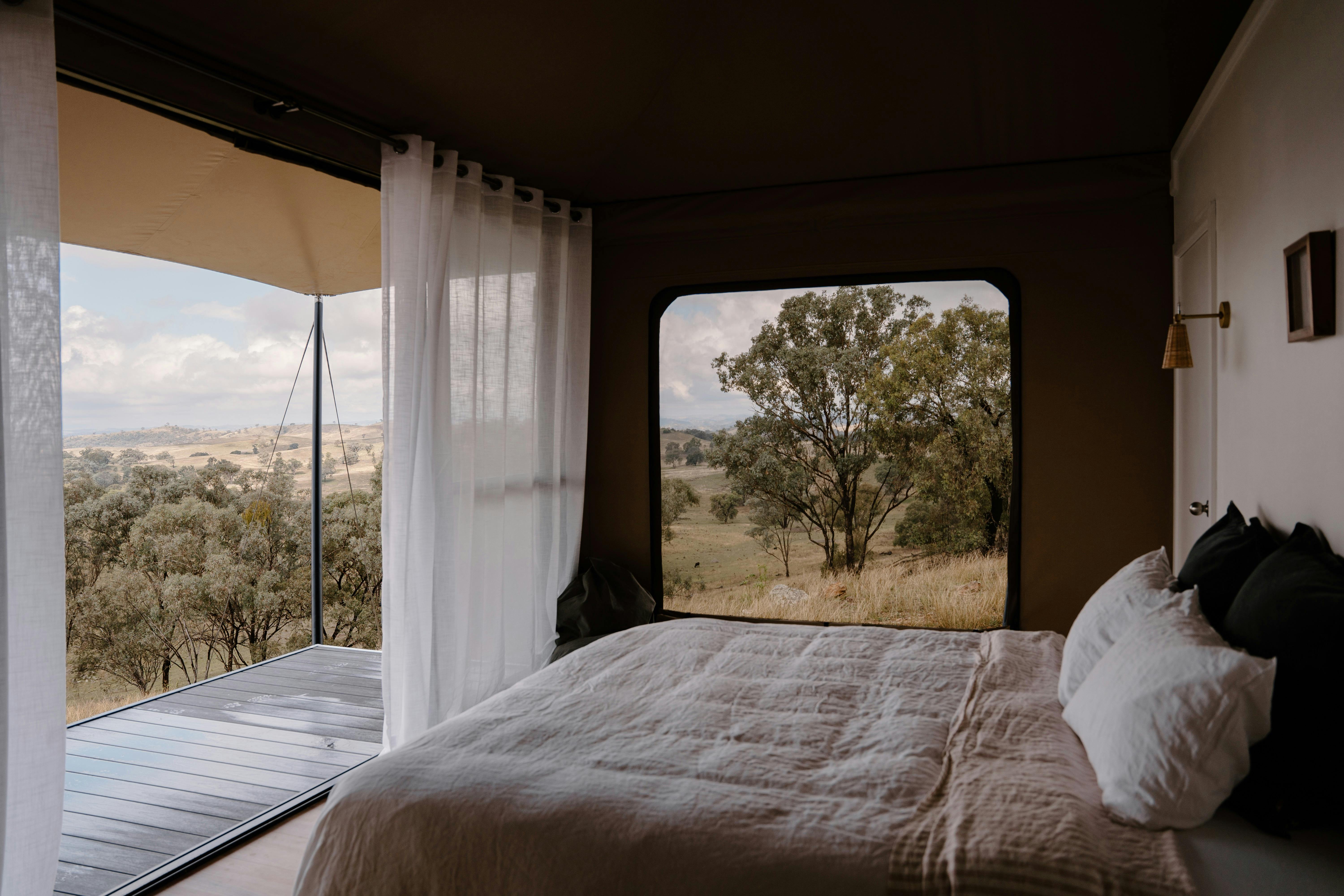 King bedroom, countryside views, linen bedding