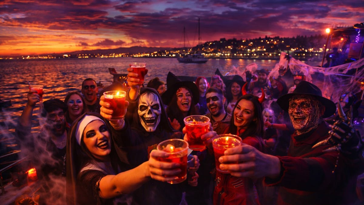 halloween costumed guests with a 'haunted harbour' backdrop halloween costumed guests with a 'haunted harbour' backdrop