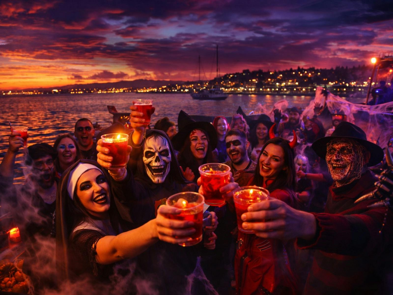 halloween costumed guests with a 'haunted harbour' backdrop halloween costumed guests with a 'haunted harbour' backdrop