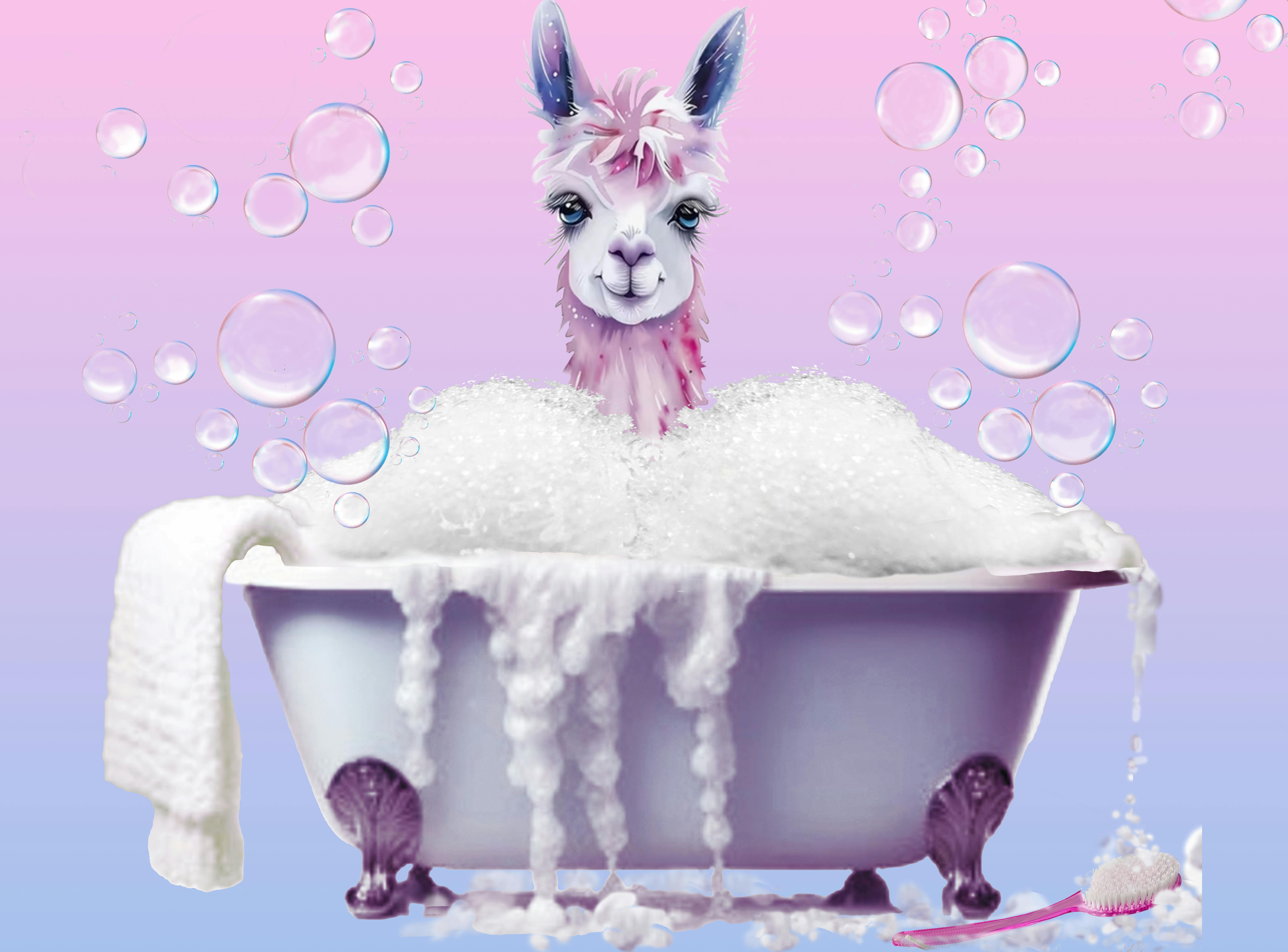 Picture of Pink Alpaca in bathtub surrounded by bubbles