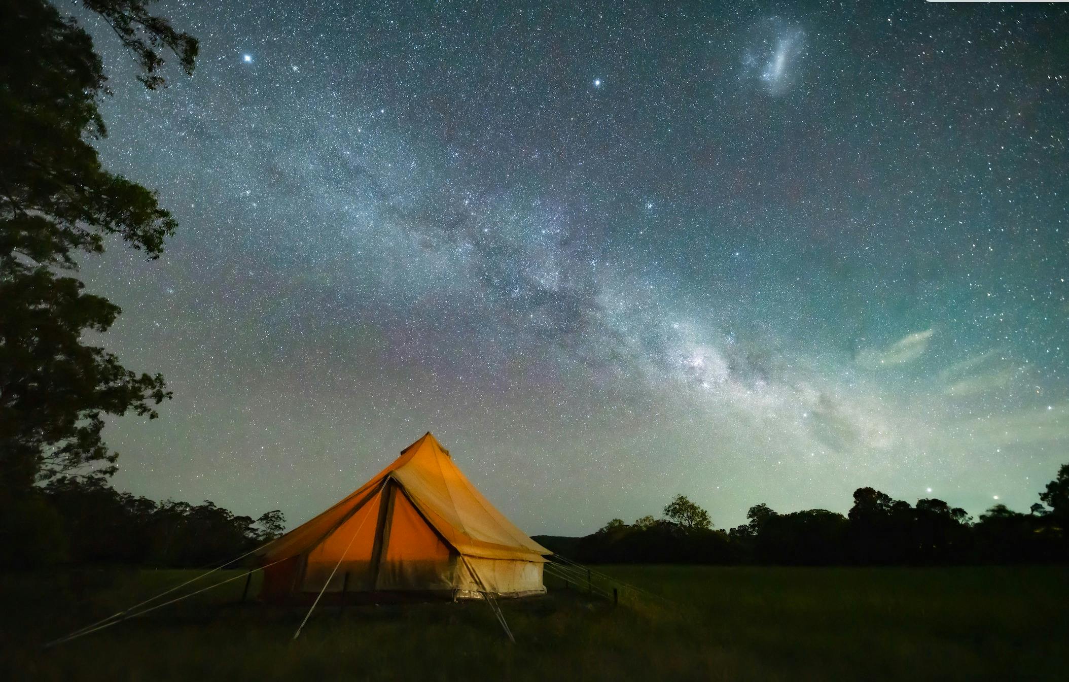 The night sky view of the Milky Way above our glamping tent