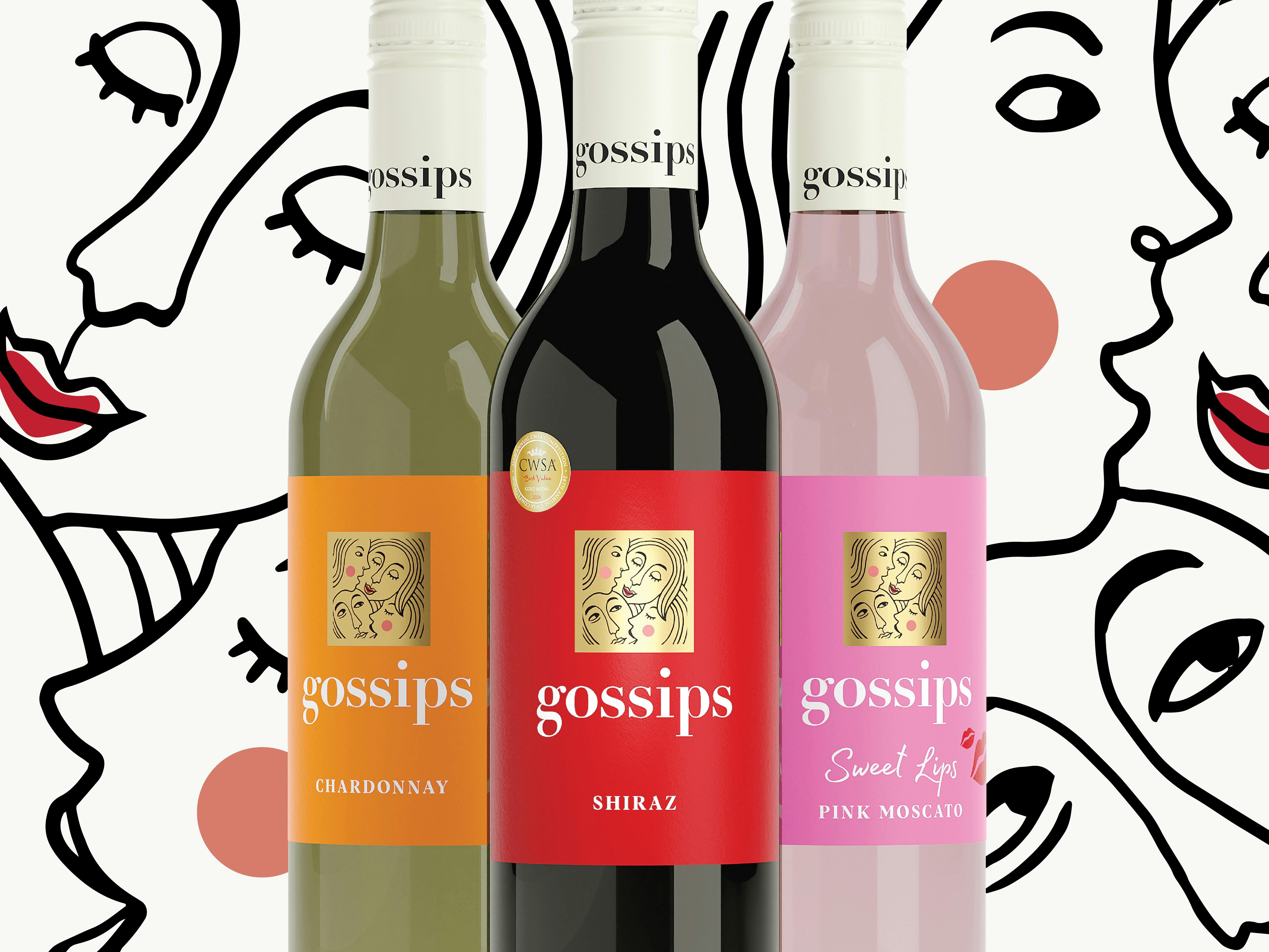 3 up bottle shot of Gossips wines against Gossips logo backdrop