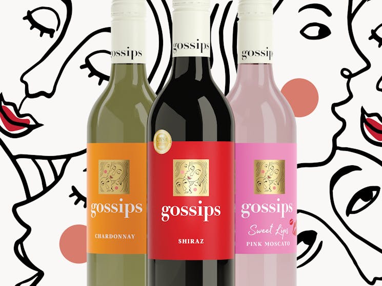 3 up bottle shot of Gossips wines against Gossips logo backdrop