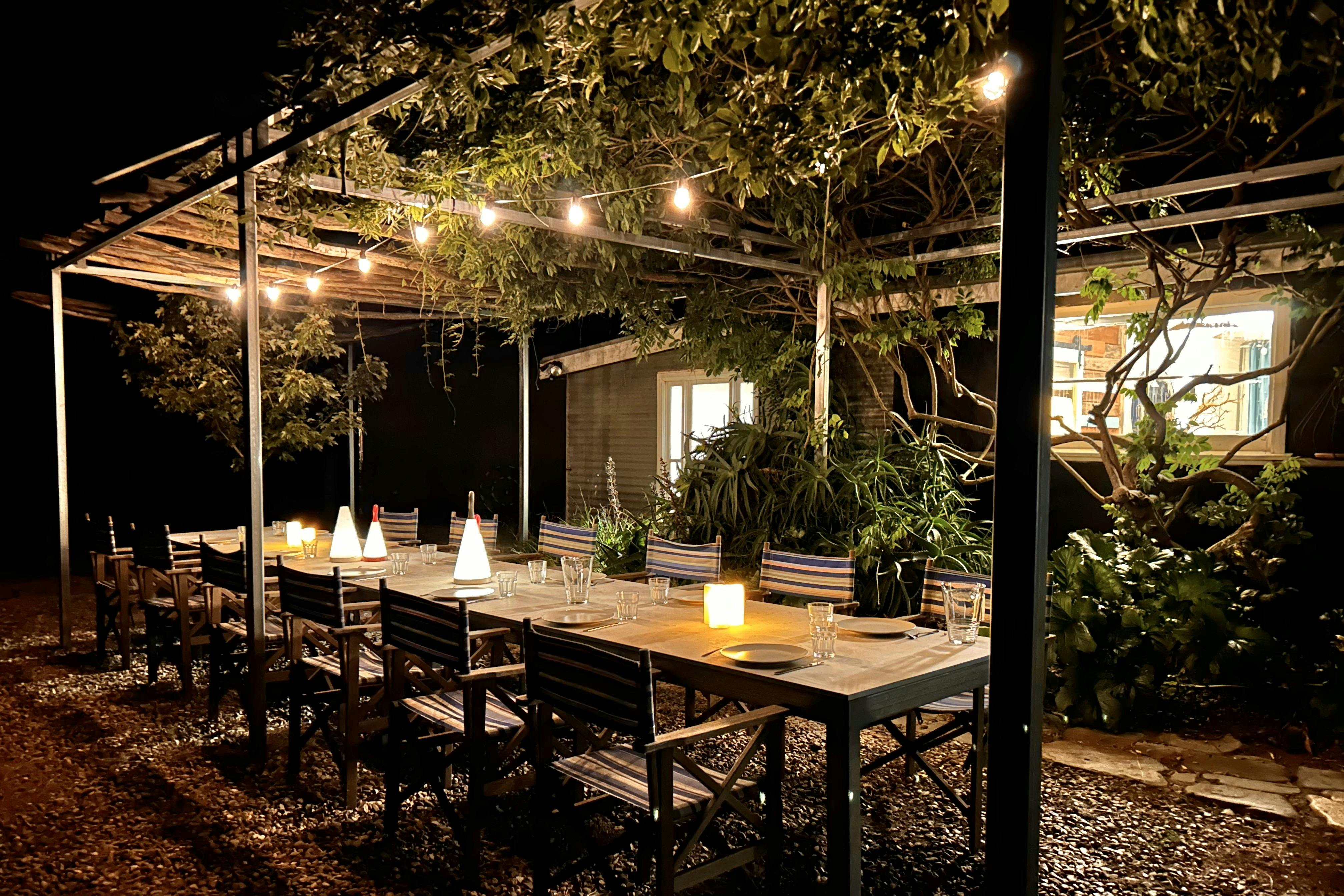Very long outdoor dining table with candles, lanterns at night.  string of lights & vines overhead