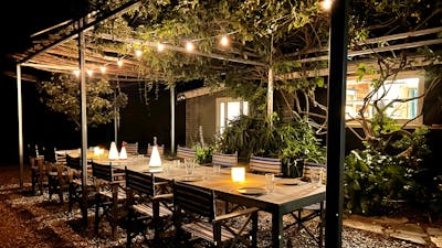Very long outdoor dining table with candles, lanterns at night. string of lights & vines overhead