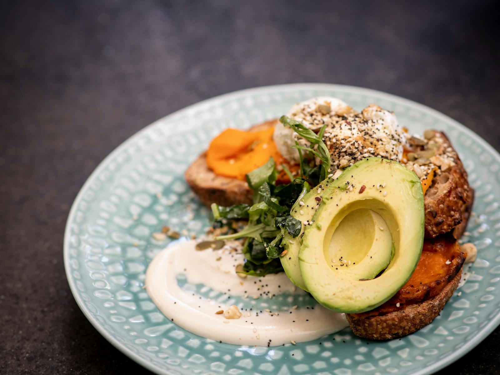 Blue plate, sourdough, poached eggs, pumpkin, dukkah, breakfast