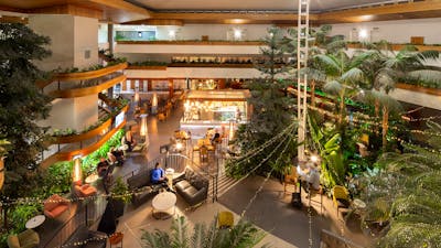 A large airy room full of lush green trees and plants at hotel in Canberra