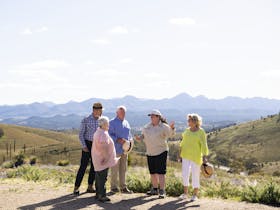Guide talking with a small tour group with mountains in the background