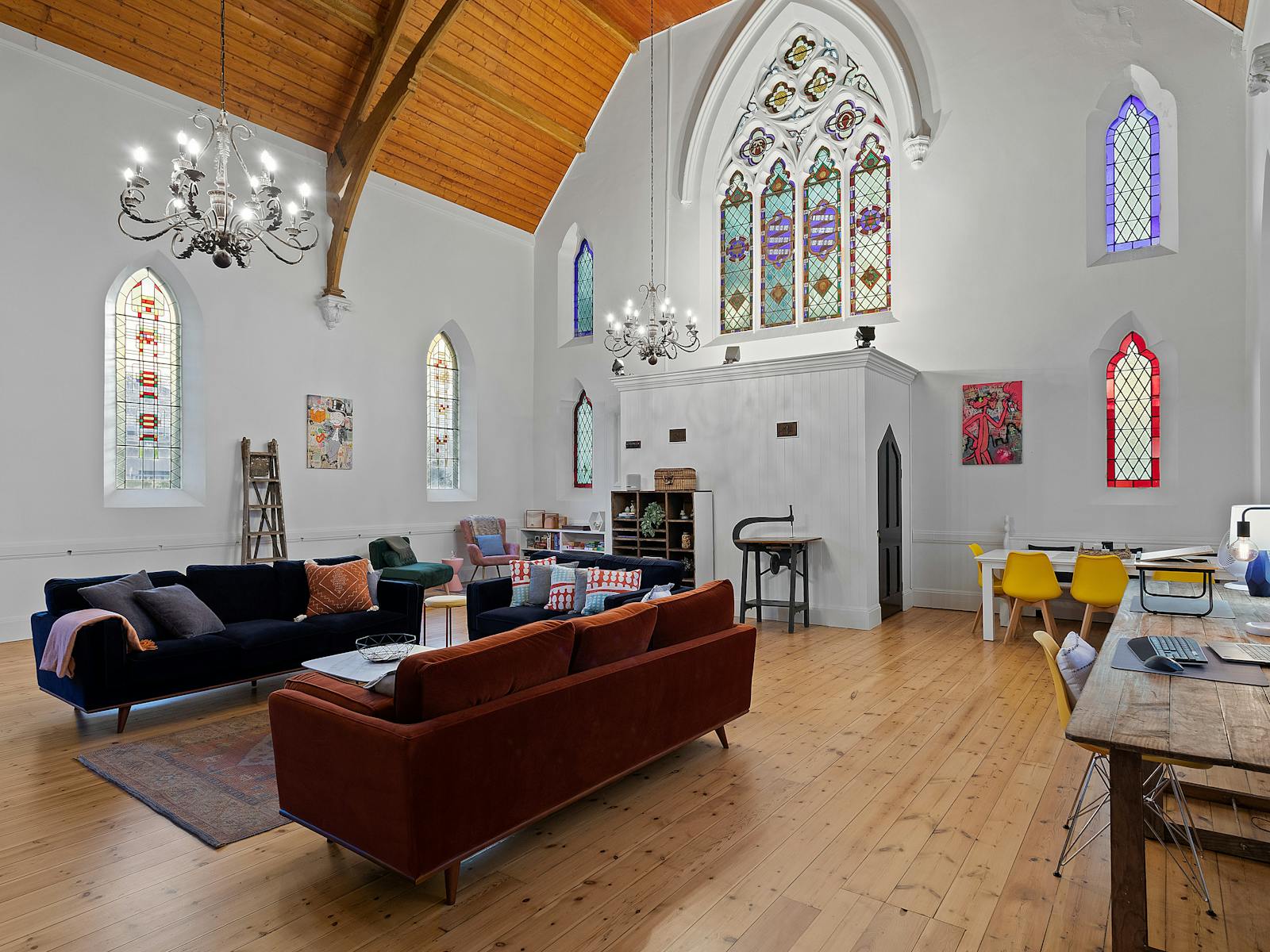 Sanctuary with original stained glass windows