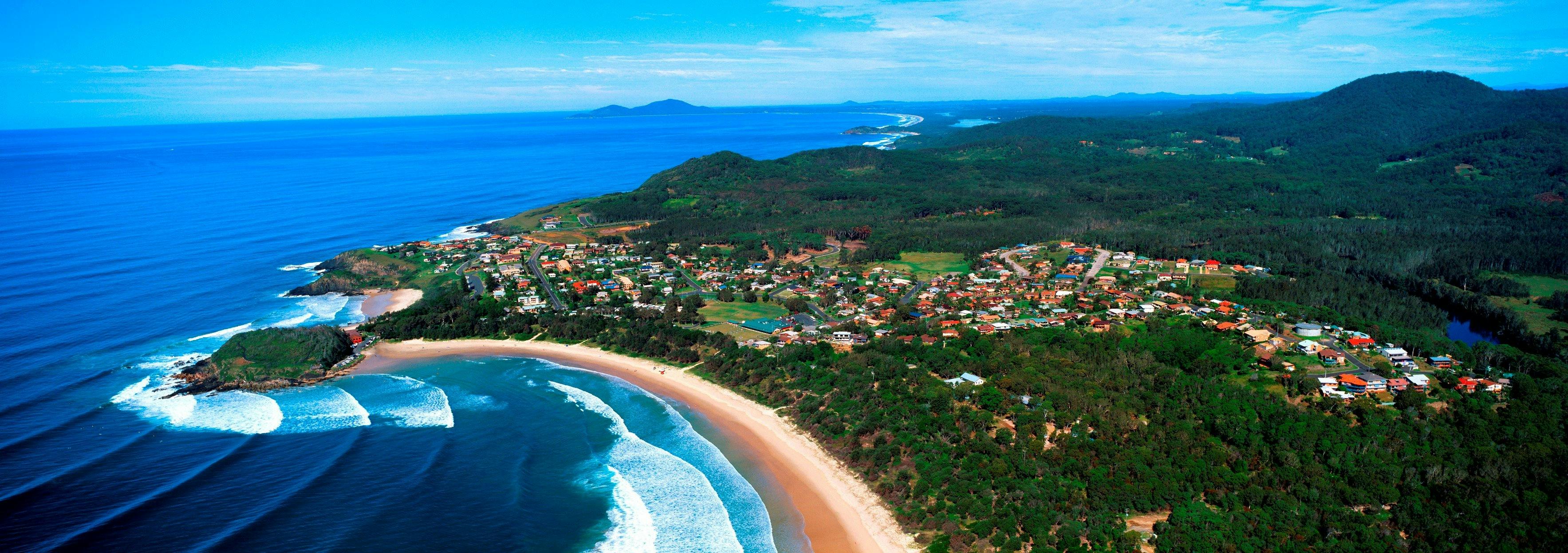 Aerial view - Foster Beach with Scotts Head Village, view to South West Rocks