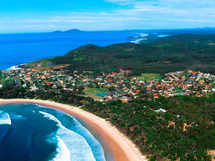 Aerial view - Foster Beach with Scotts Head Village, view to South West Rocks
