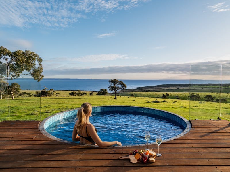 Indulge in the heated plunge pool, with breathtaking views of the ocean, hills and Kangaroo Island.