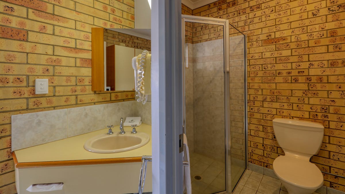 Bathroom photo showing sink, shower and toilet