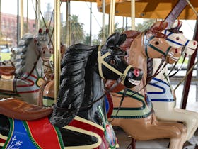 A close up of three Carousel Horses.  The colours of the horses are black, tan and white.