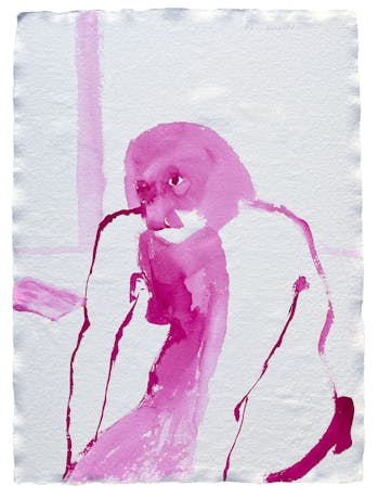 A gestural image that shows a seated figure in pink