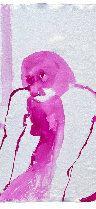 A gestural image that shows a seated figure in pink