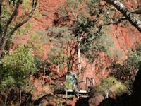 Two people standing on boardwalk platform in gorge looking at red rocky cliff face