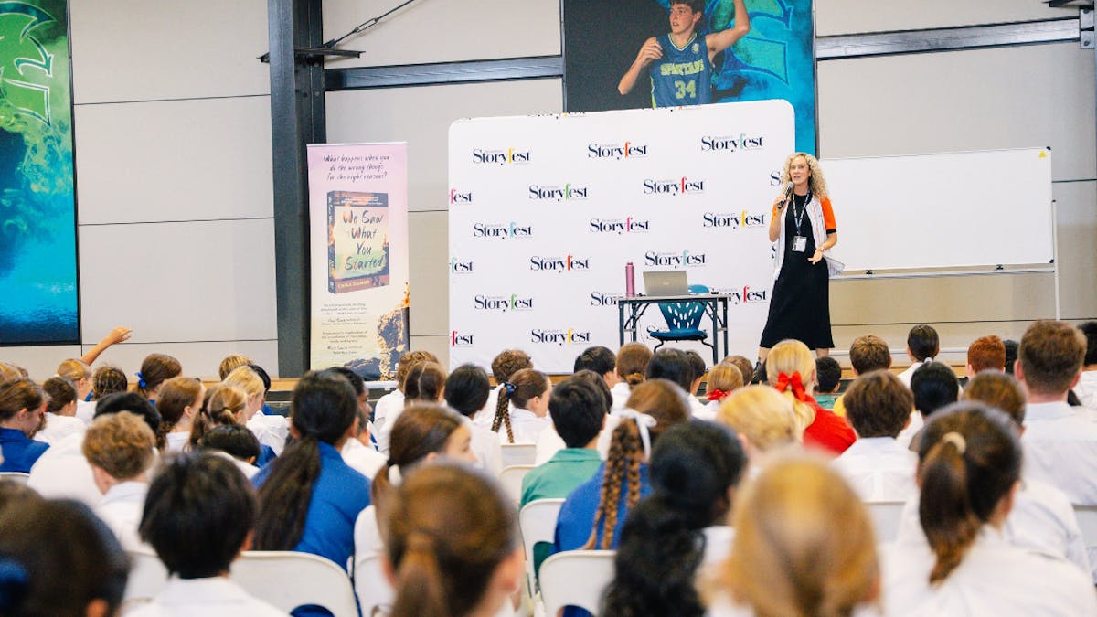 Acclaimed author speaks to students at a Storyfest student session.