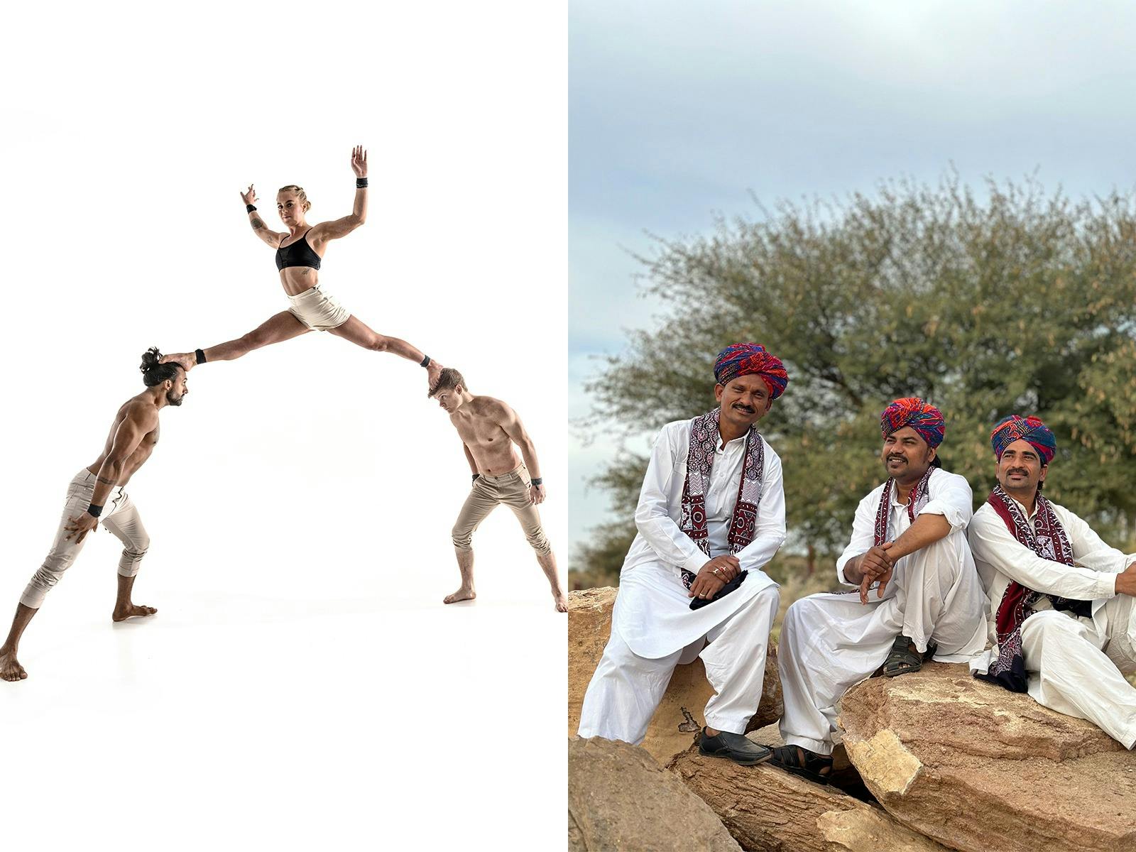 Acrobatics standing on top of heads on left, three men sitting looking to distance on right