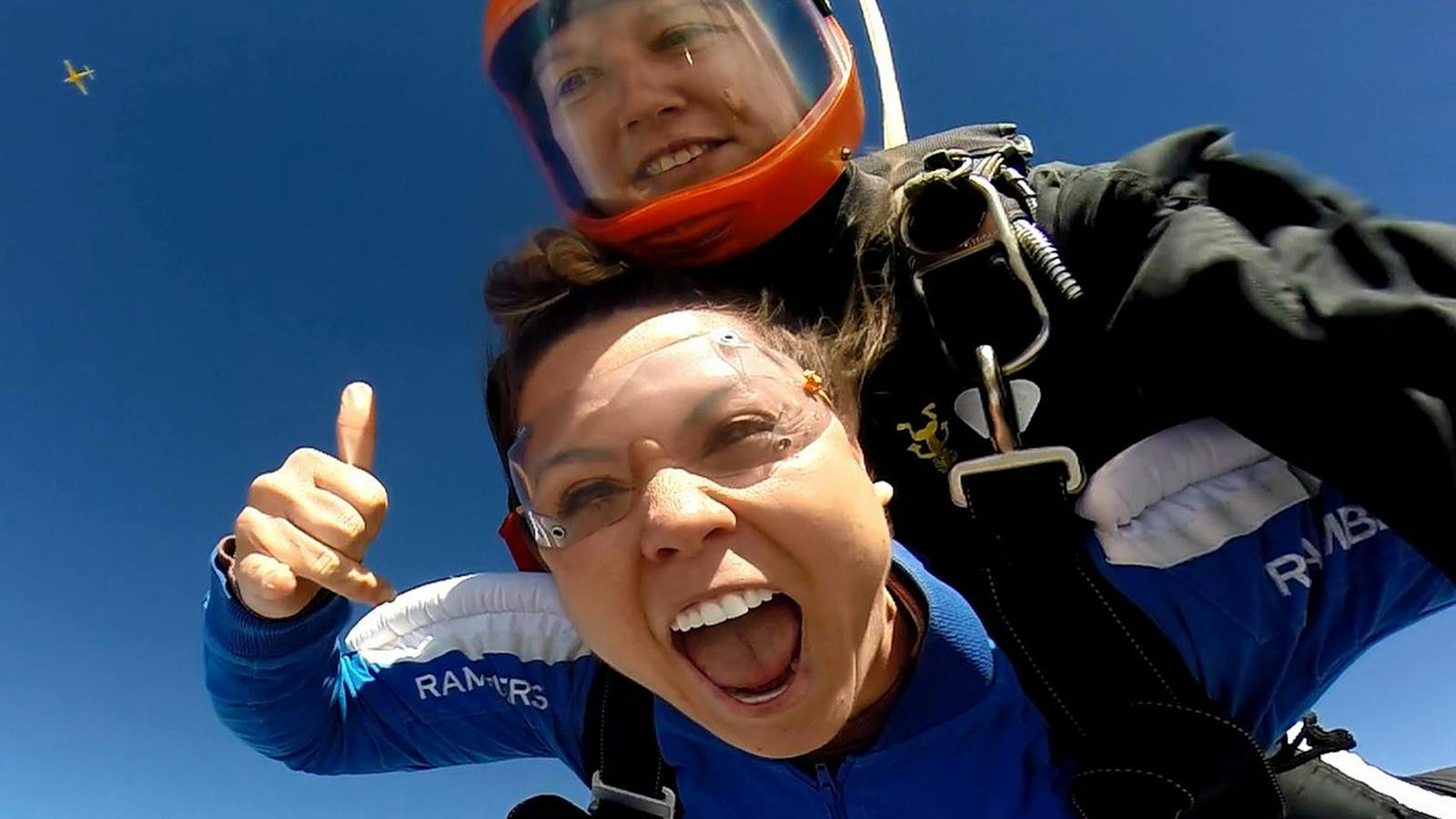 Anna in Tandem with Skydive Ramblers Tandem Instructor Sara