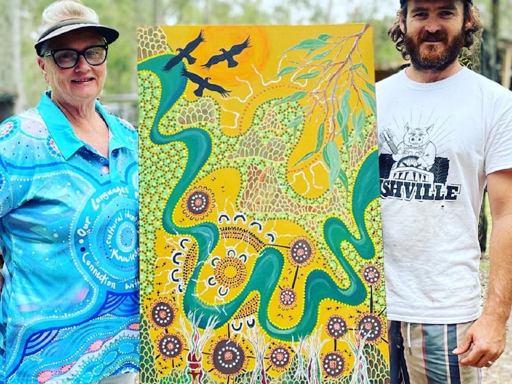 This artwork represents the story of The Gum Ball within Wonnarua country
