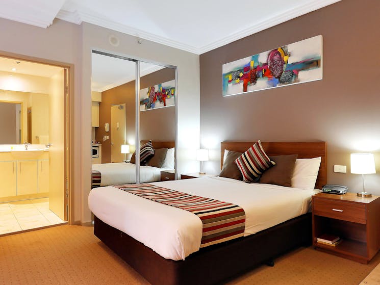 The Standard apartments feature a queen bed, a sofa bed, ensuite bathroom and kitchenette.