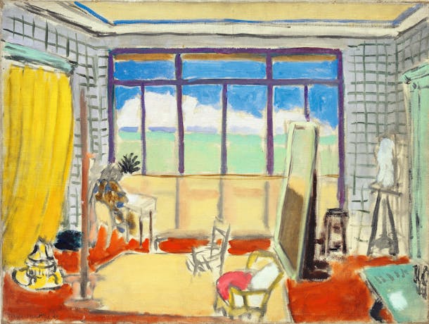 A landscape painting of art studio with large windows and a sea view