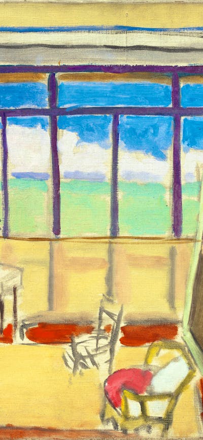 A landscape painting of art studio with large windows and a sea view