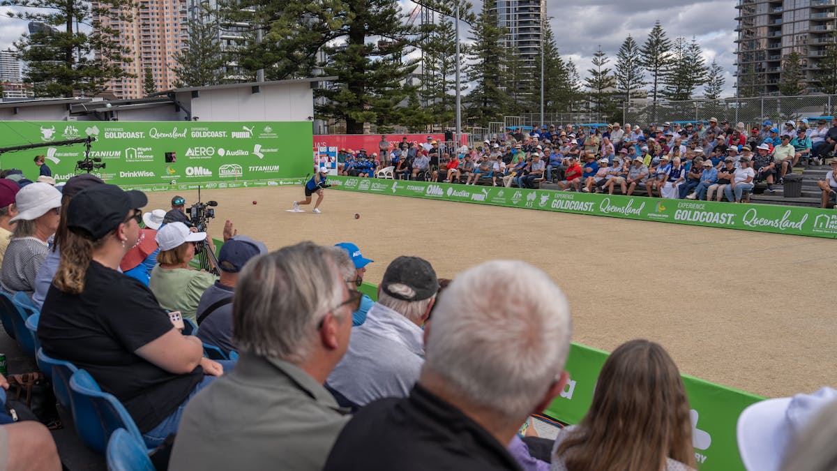 Pairs winner Chloe Stewart in action at Broadbeach Bowls Club on the final day of 2025