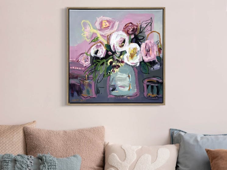 Semi abstract floral painting. Flowers in vase in pinks, pastels and soft colours