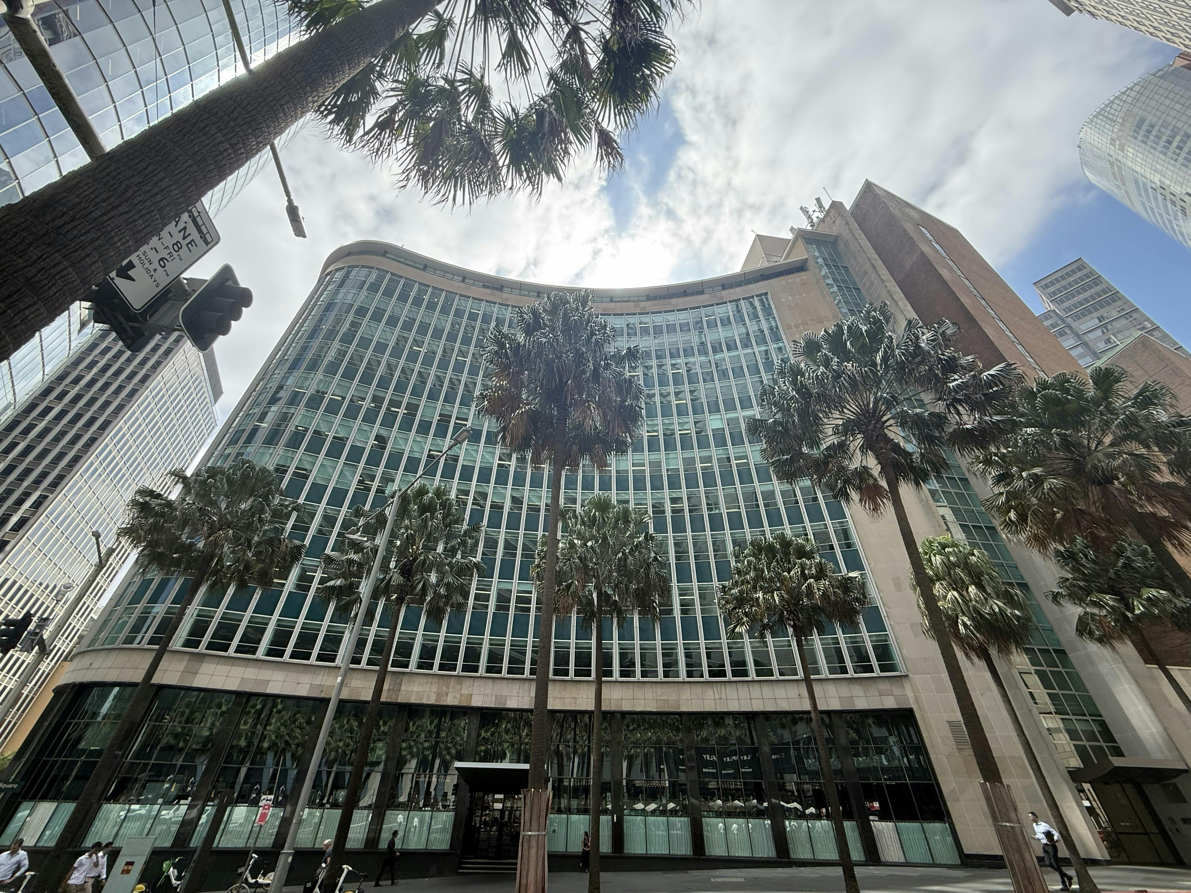 A large curved building with palm trees in front of it