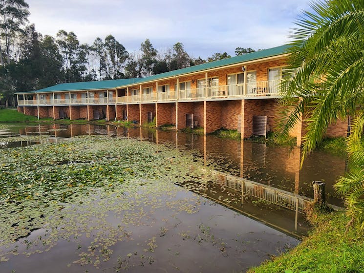 Back View of Motel with Natural Pond and alot of fishes