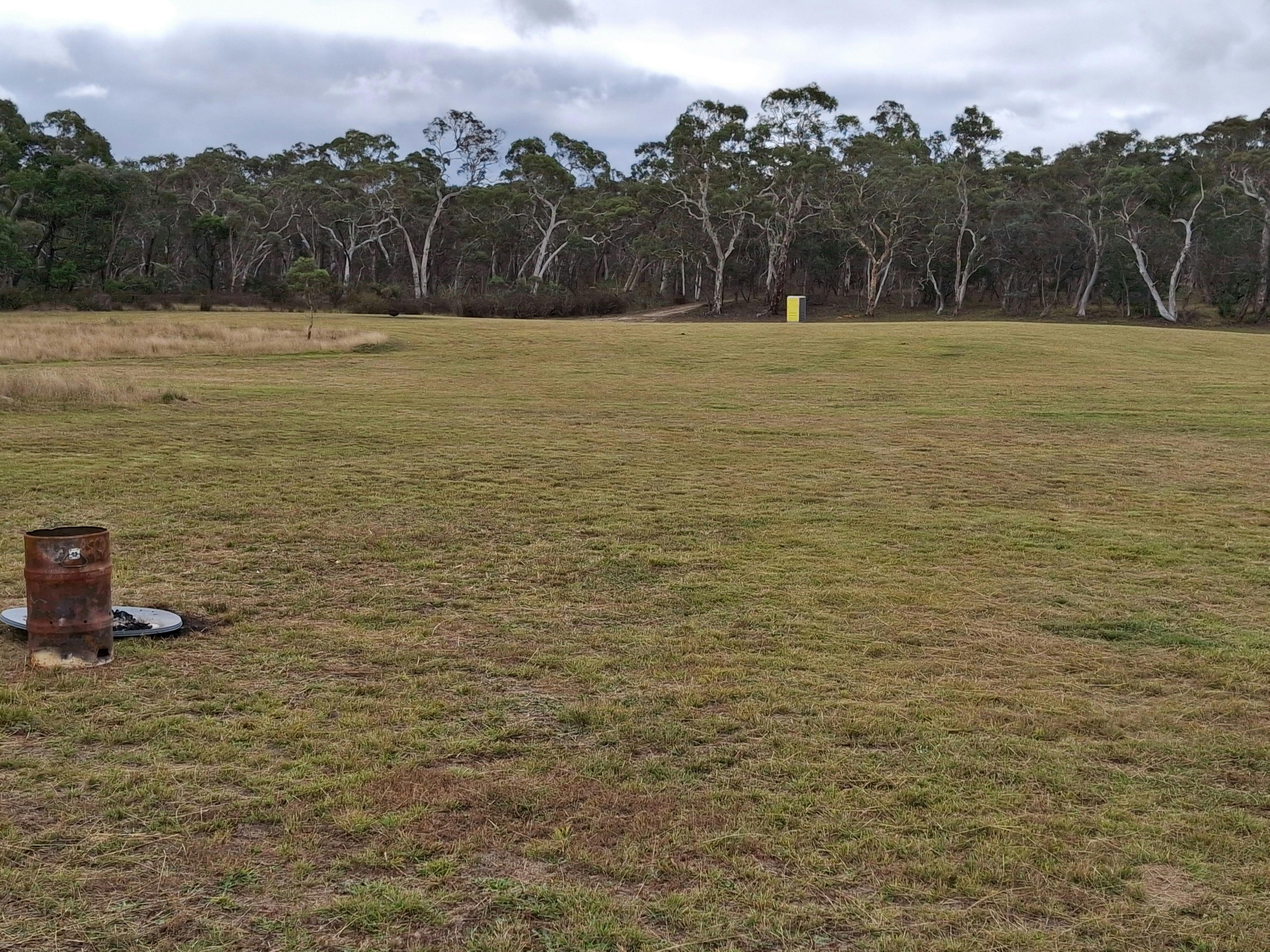 Camping area with a few fire pits and port a loo toilet