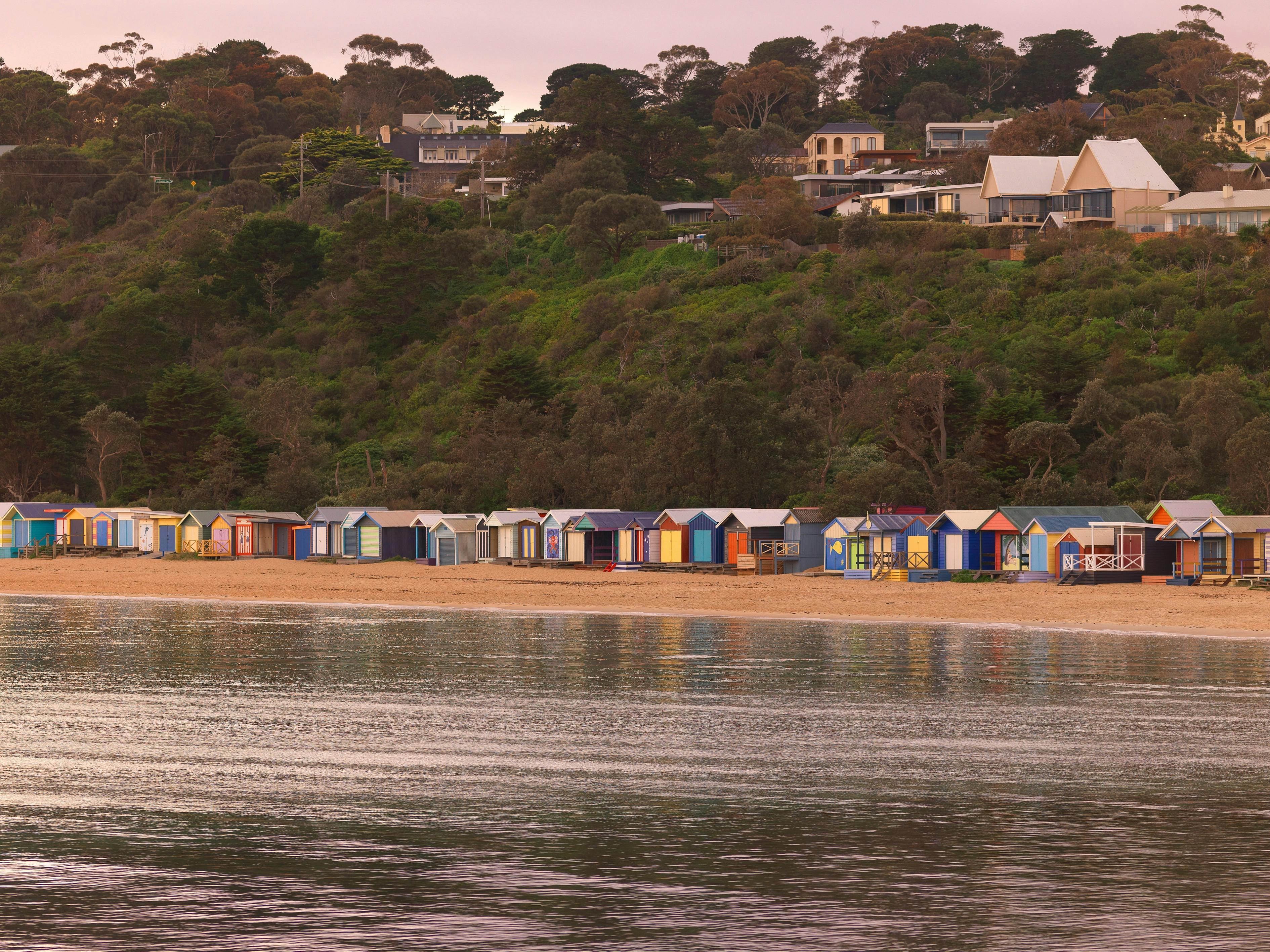 Colourful beach boxes at Mills Beach, Mornington
