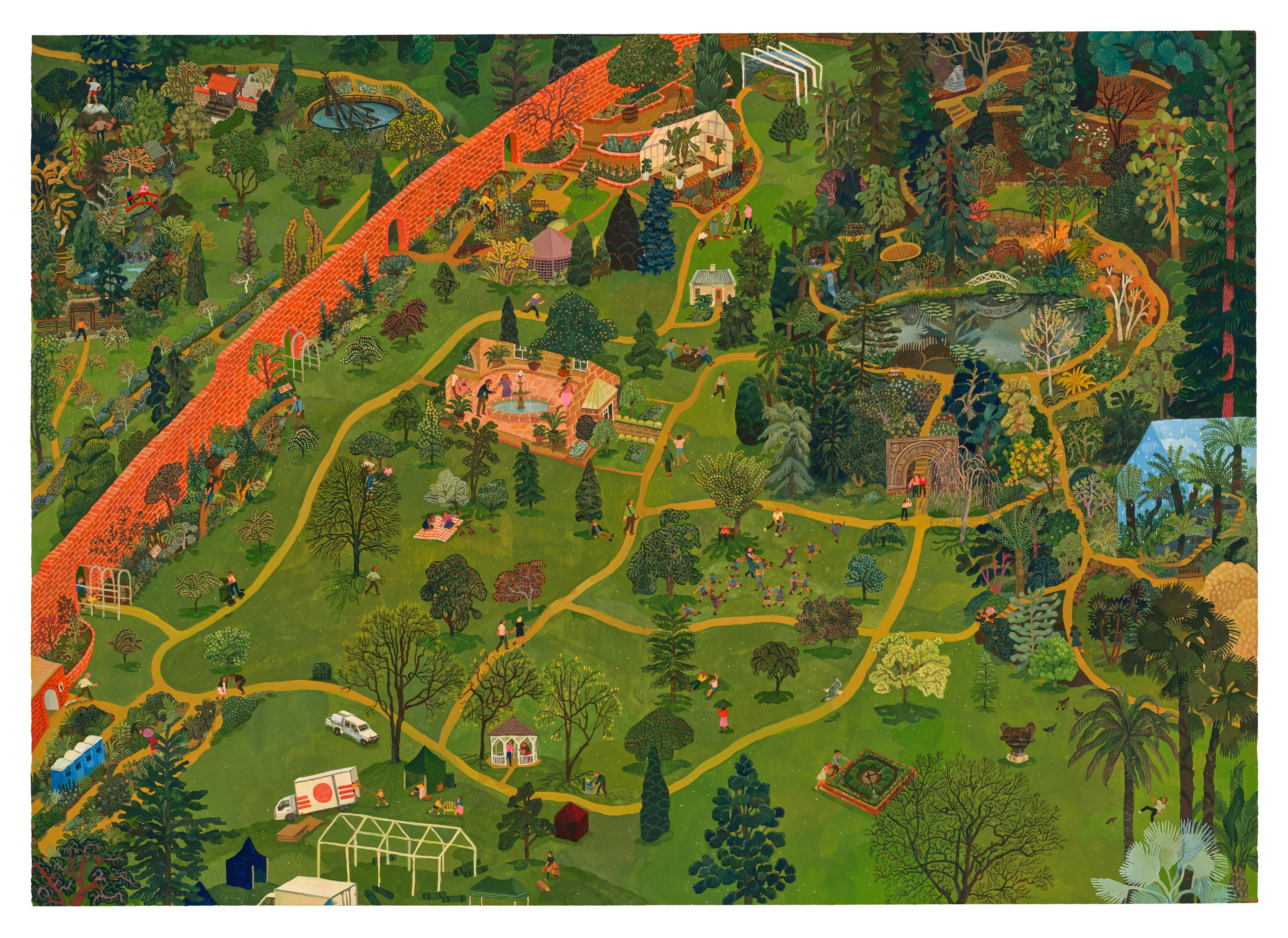 Detailed and pictorially rich aerial view painting of the Tasmanian Botanical Gardens.