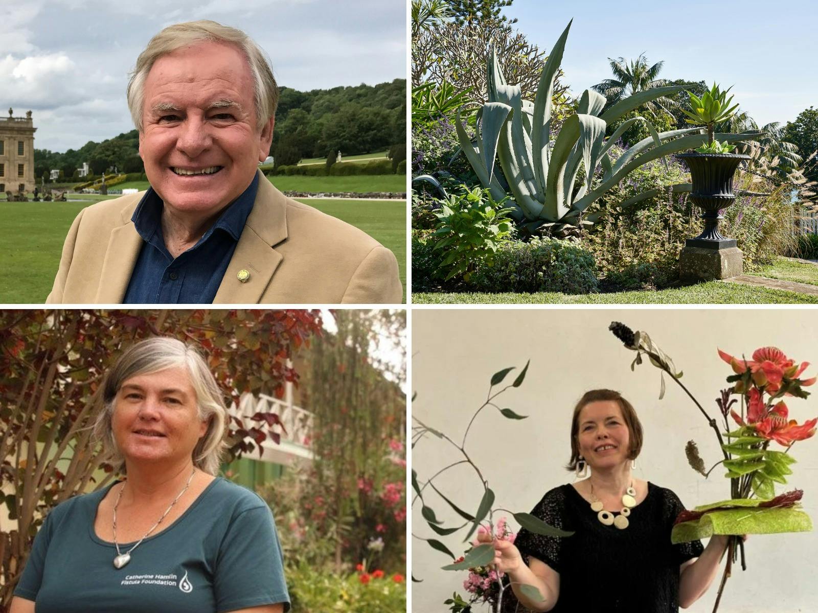 An image of three speakers, one man and two women. A fourth image of lush gardens.