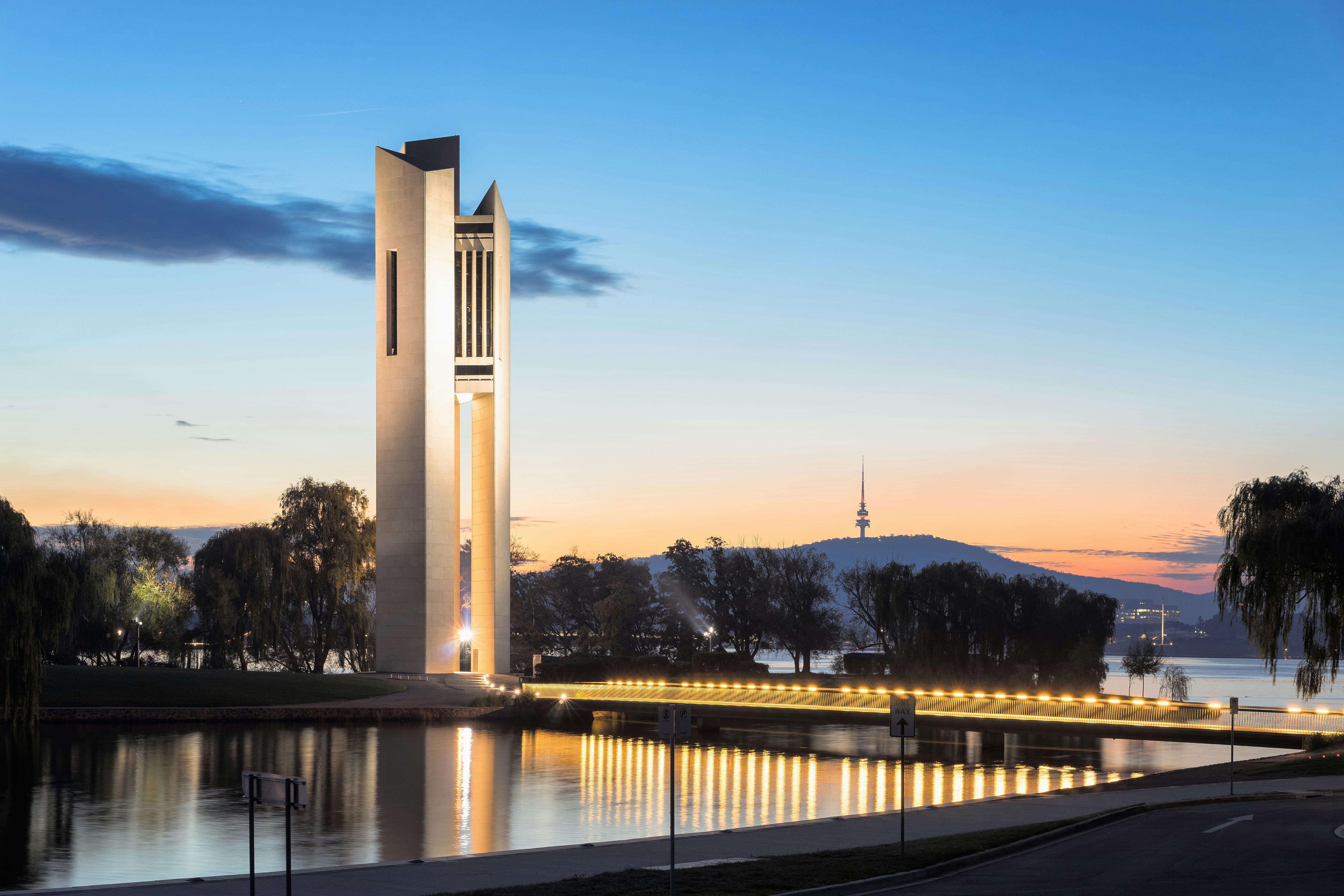 A large carillon on an island