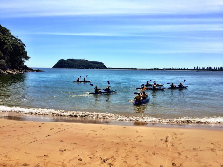 Kayaking home from Resolute Beach with Palm Beach and Barrenjoey Headland in the background.