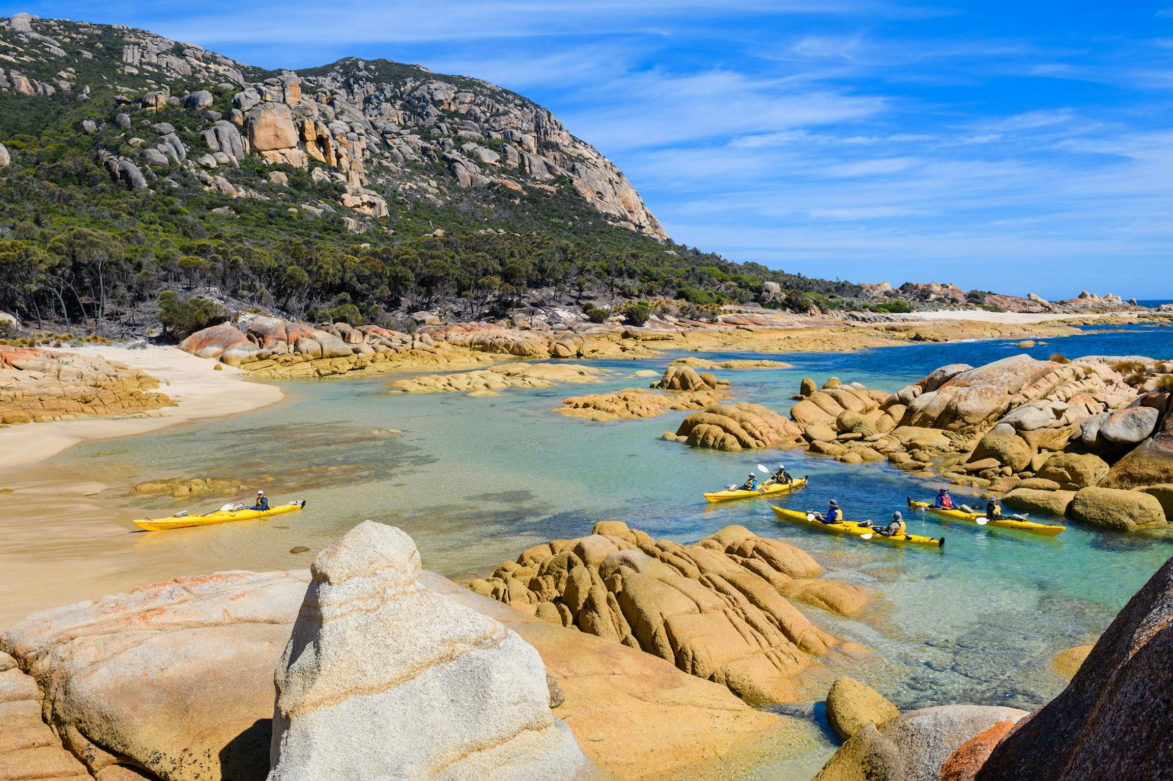 Kayakers near beach on Flinders Islane