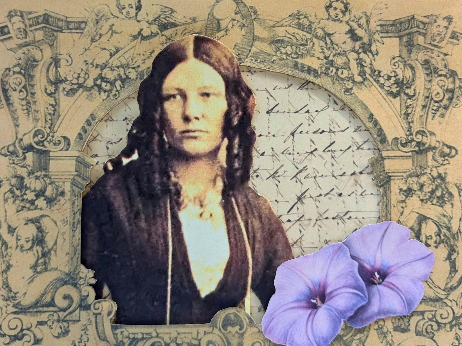 Collage of a young woman writing and flowers in warm tones.