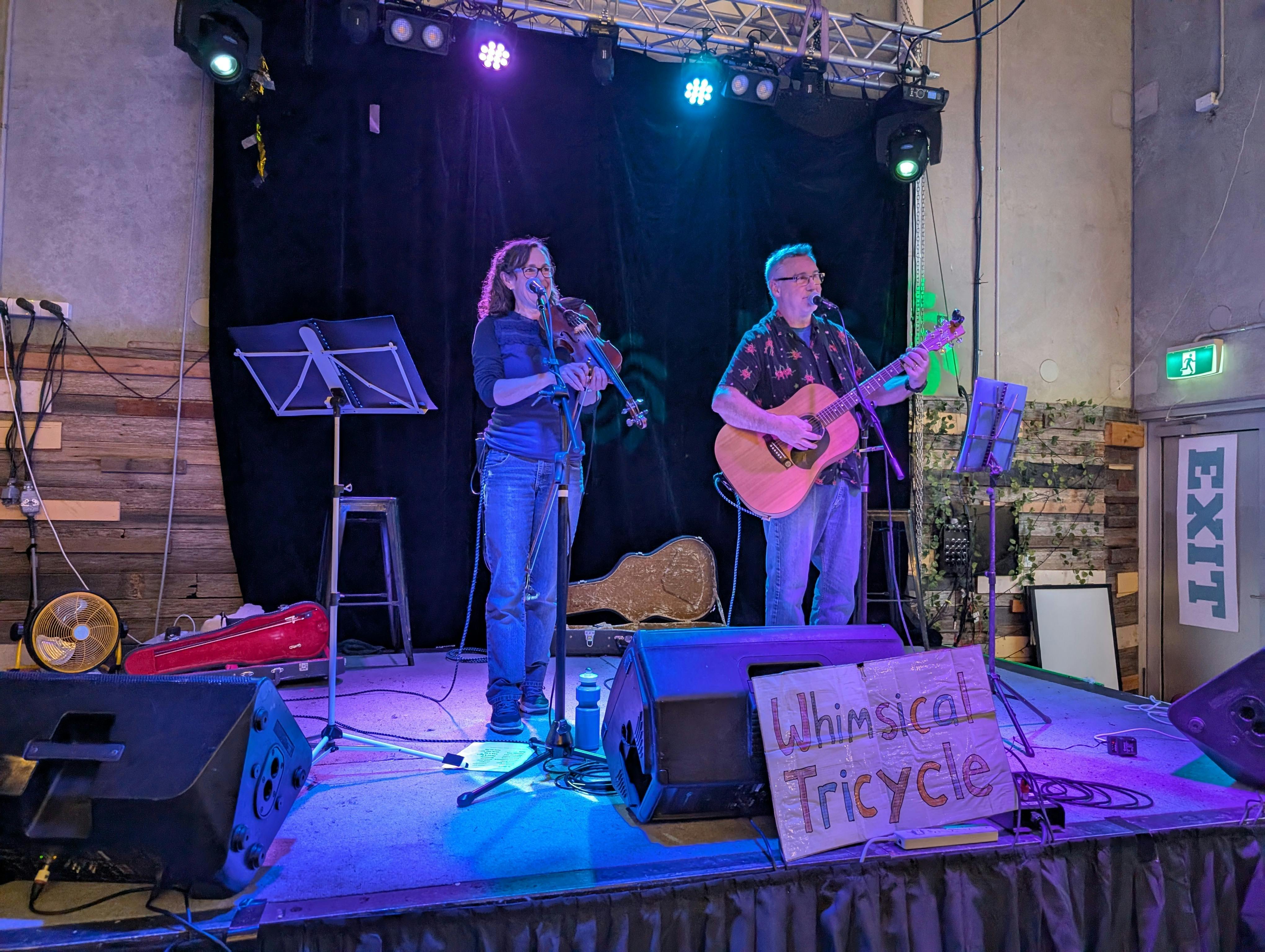 Female violinist and male guitarist on stage